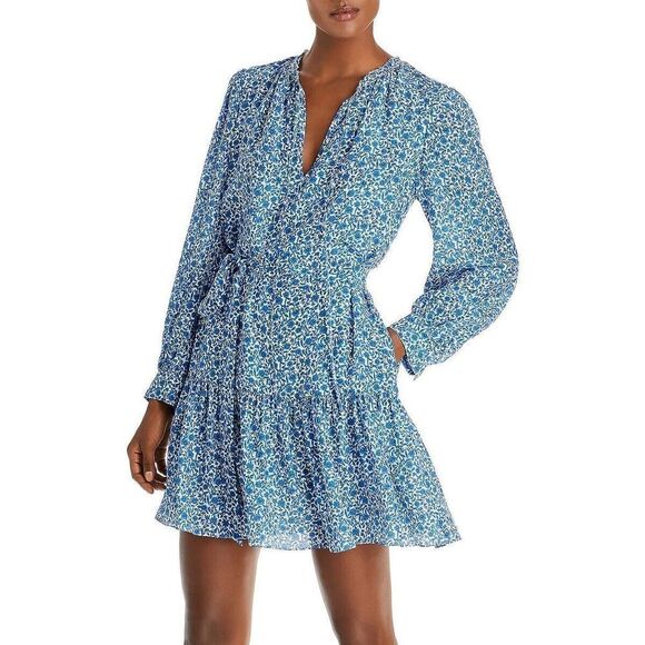 Rebecca Taylor Women's Sz S Delft Fleur Indigo Combo Belted Silk Mini Dress - Picture 1 of 12